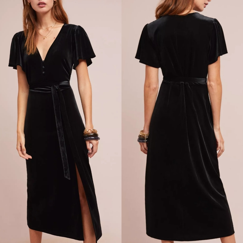 Anthropologie Sanctuary Black Flutter Sleeves Midi Royal Velvet Dress Medium